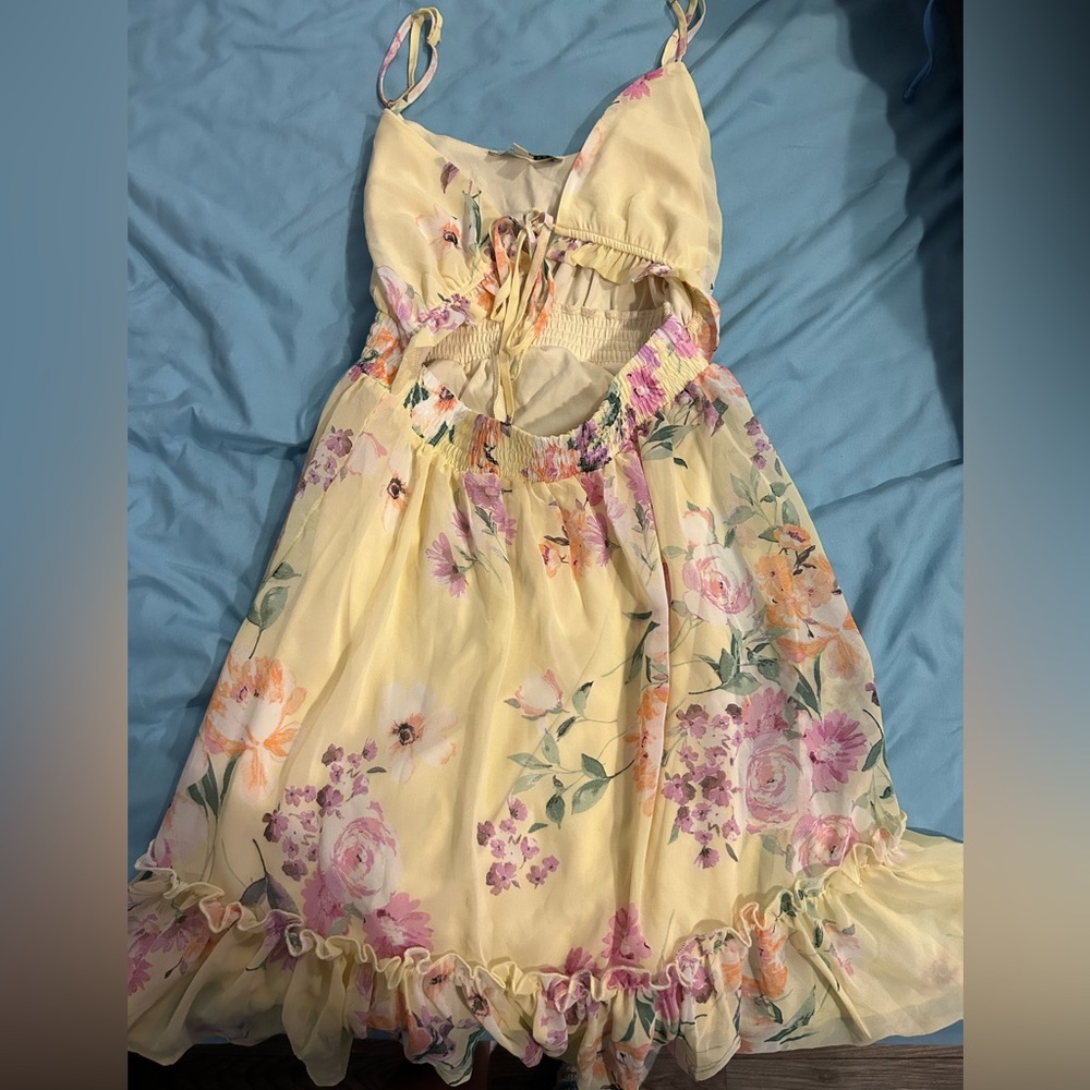 Yellow Chiffon Floral Lined Sundress Polyester Women.